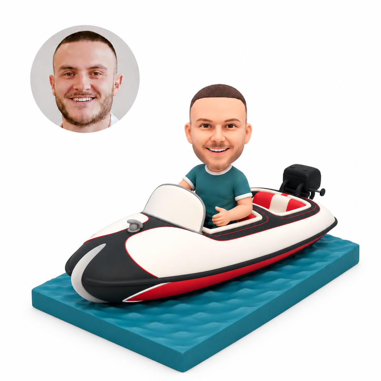 custom bobblehead figure man seated in an open speedboat with a rear outboard motor MGA-AB0233