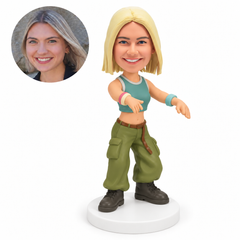 custom bobblehead figure female hip hop dancer extending both bent arms forward with her wrists angled downward