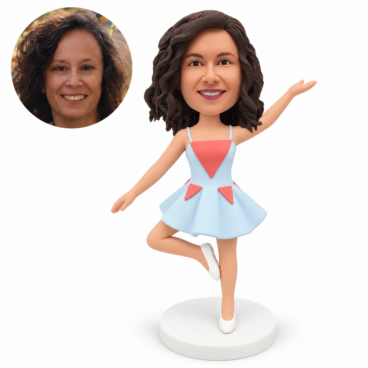 custom bobblehead figure woman balancing on one leg with her left arm raised diagonally and her right arm extended downward