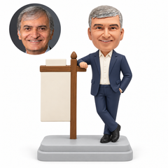 custom bobblehead figure man resting one hand on a wooden signpost crossbar with his other hand in his pocket