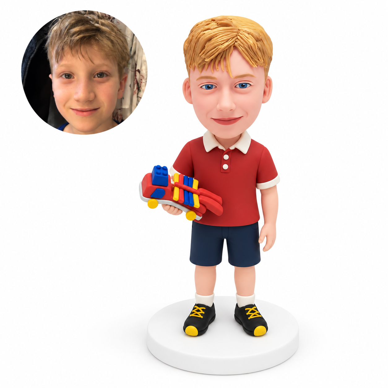 custom bobblehead figure boy standing while holding a colorful wheeled toy in one hand