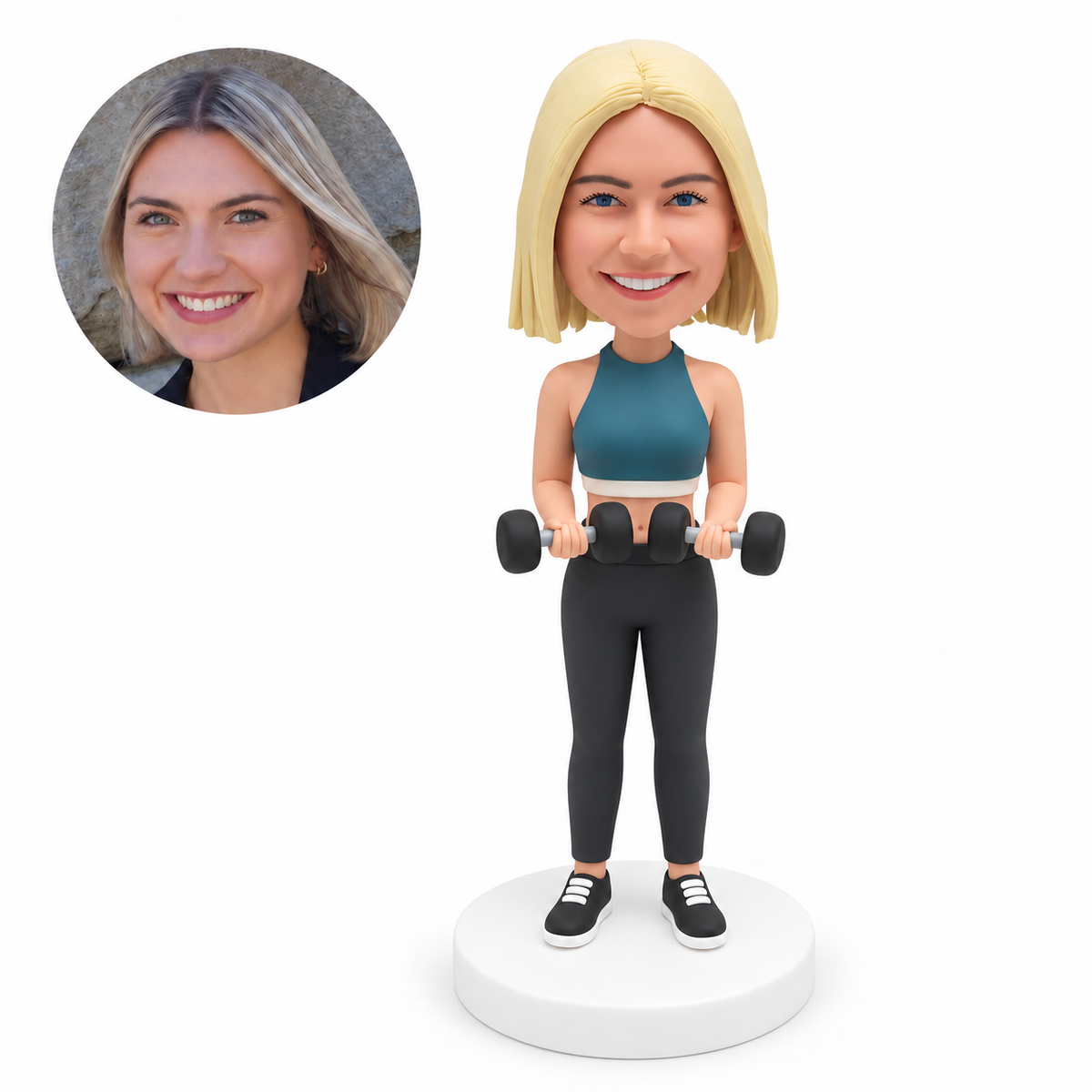 custom bobblehead figure fitness woman standing with both arms bent and two dumbbells held in front of her waist