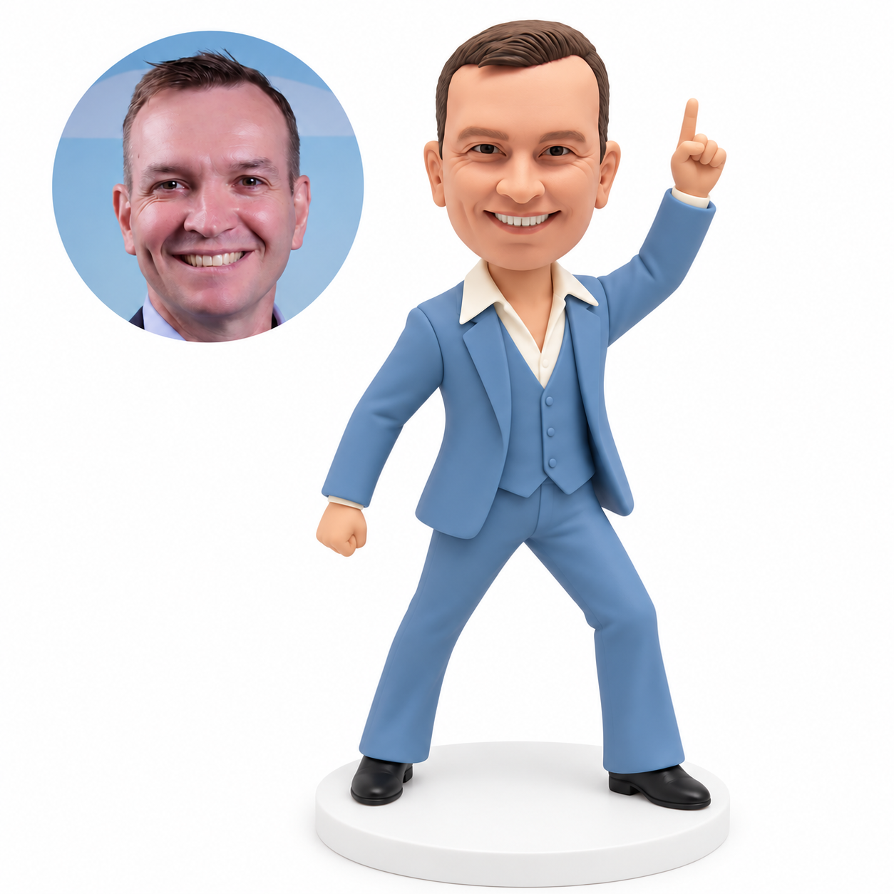 custom bobblehead figure man dancing in a wide stance with one index finger raised overhead and his other arm lowered