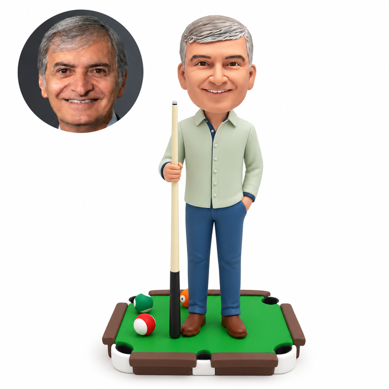 custom bobblehead figure man holding a pool cue with his other hand in his pocket on a pool-table-shaped base