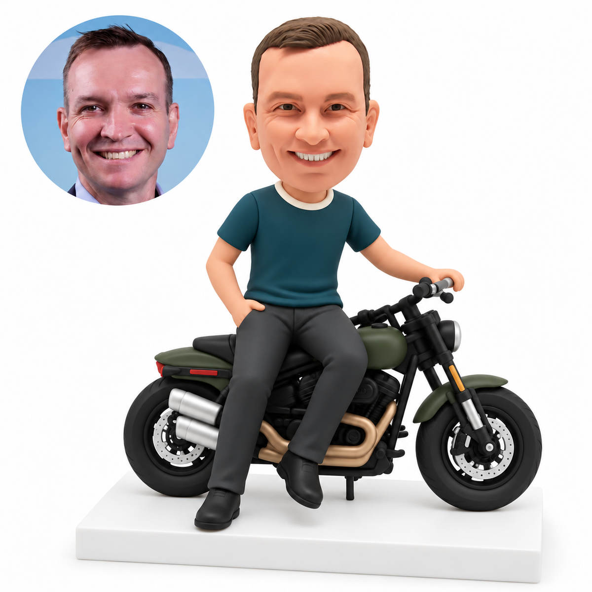 custom bobblehead figure man seated sideways on a classic motorcycle with one hand on the handlebar and the other in his pocket
