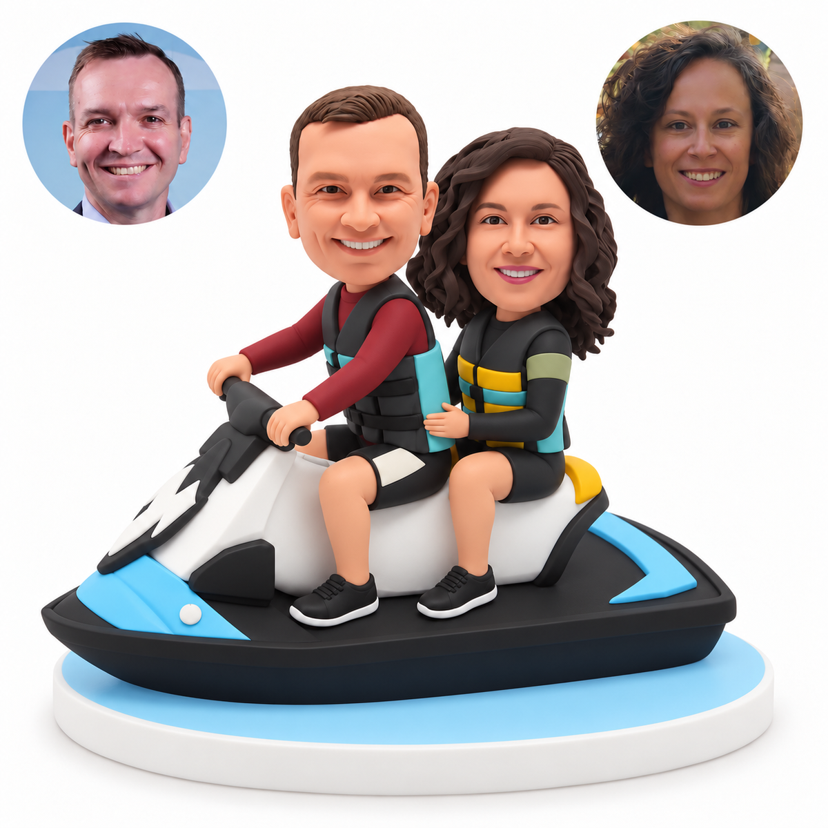 custom bobblehead figures couple riding a jet ski with the man steering and the woman seated behind holding his life vest