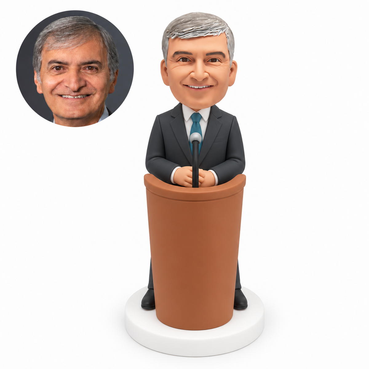 custom bobblehead figure man giving a speech with his hands folded behind a curved lectern and a standing microphone