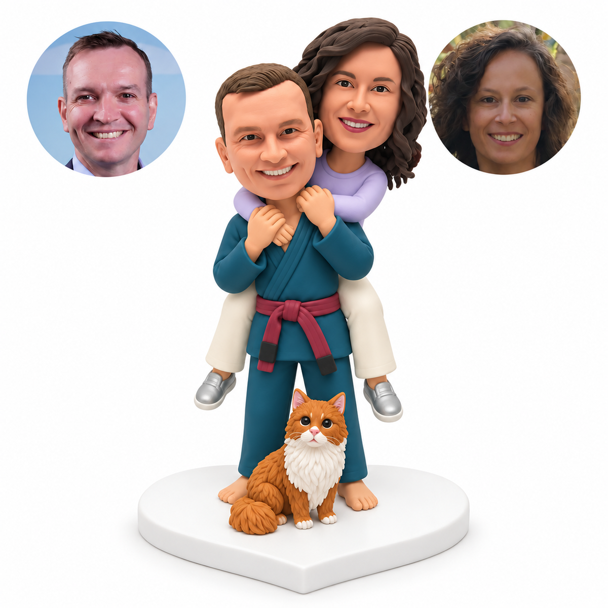 custom bobblehead figures man carrying a woman piggyback while holding her forearms near his neck beside a seated cat
