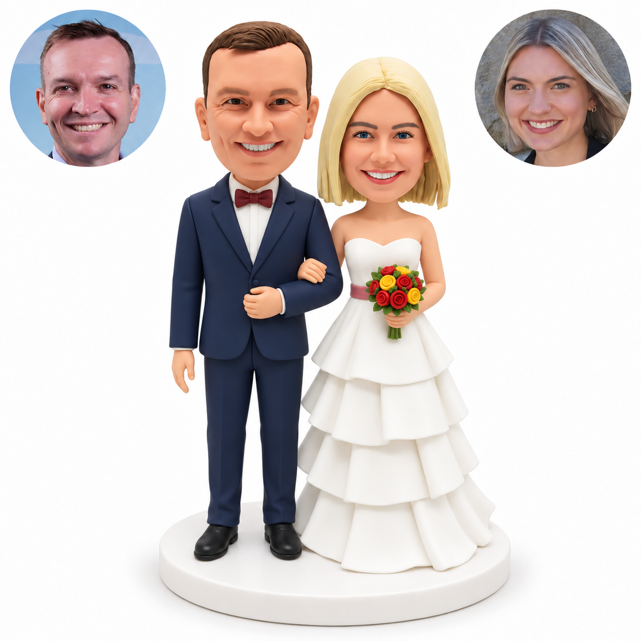 custom bobblehead figures wedding couple arm in arm with the bride holding a bouquet and the groom outer hand lowered