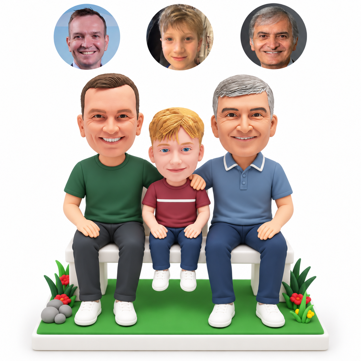 custom bobblehead figures two adults and a child seated together on a garden bench