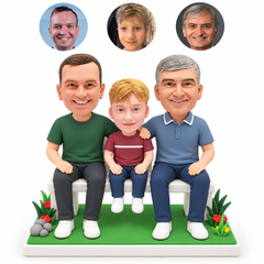 custom bobblehead figures two adults and a child seated together on a garden bench