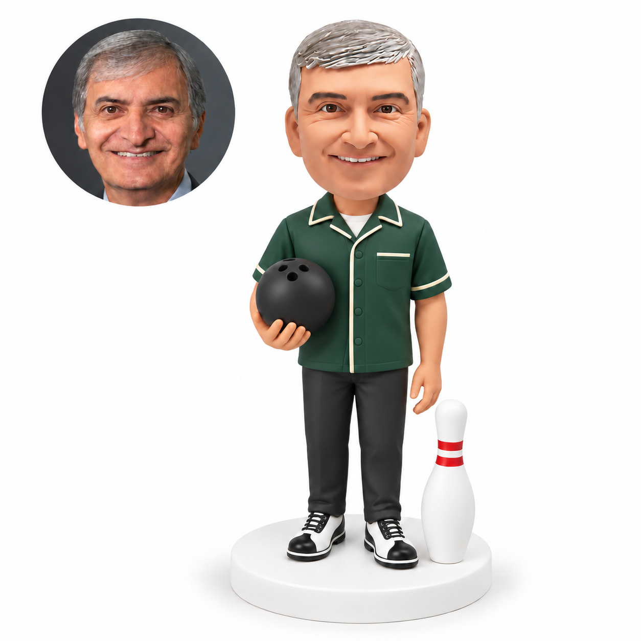 custom bobblehead figure man holding a bowling ball in one hand with his other arm lowered beside a bowling pin