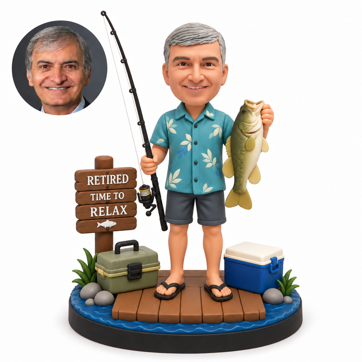 custom bobblehead figure man holding a fishing rod and fish on a dock with a tackle box cooler and sign