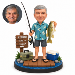 custom bobblehead figure man holding a fishing rod and fish on a dock with a tackle box cooler and sign