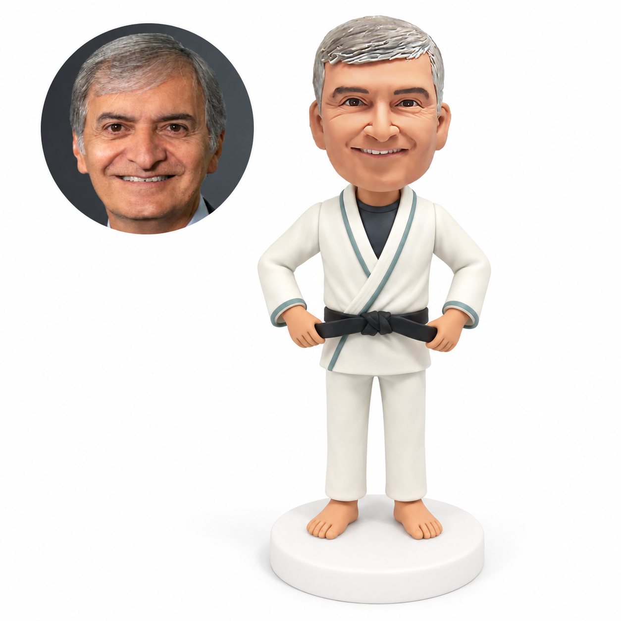 custom bobblehead figure taekwondo man holding both ends of his black belt