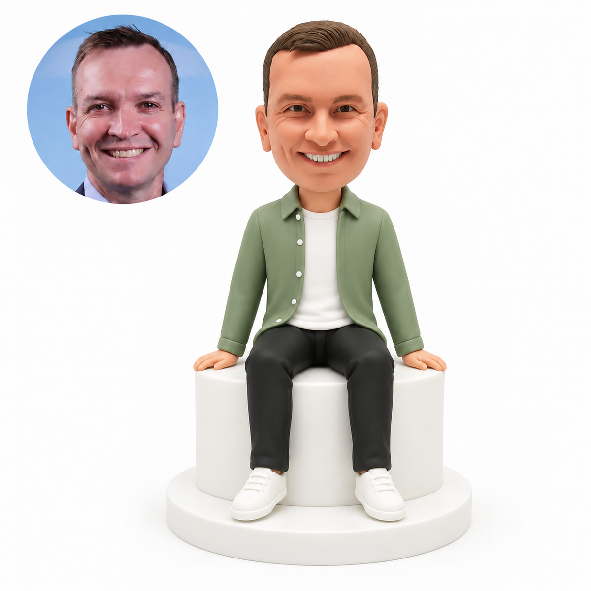 custom bobblehead figure casual man seated on a plain plinth with both hands resting beside his hips