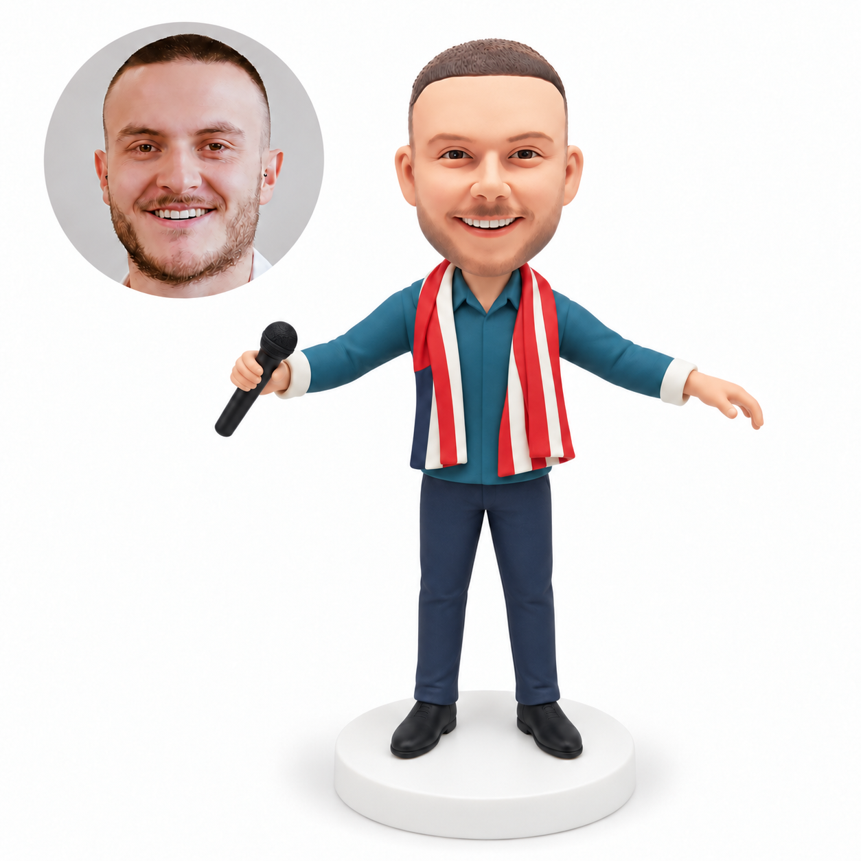 custom bobblehead figure male singer with both arms extended sideways holding a microphone and parallel planted feet