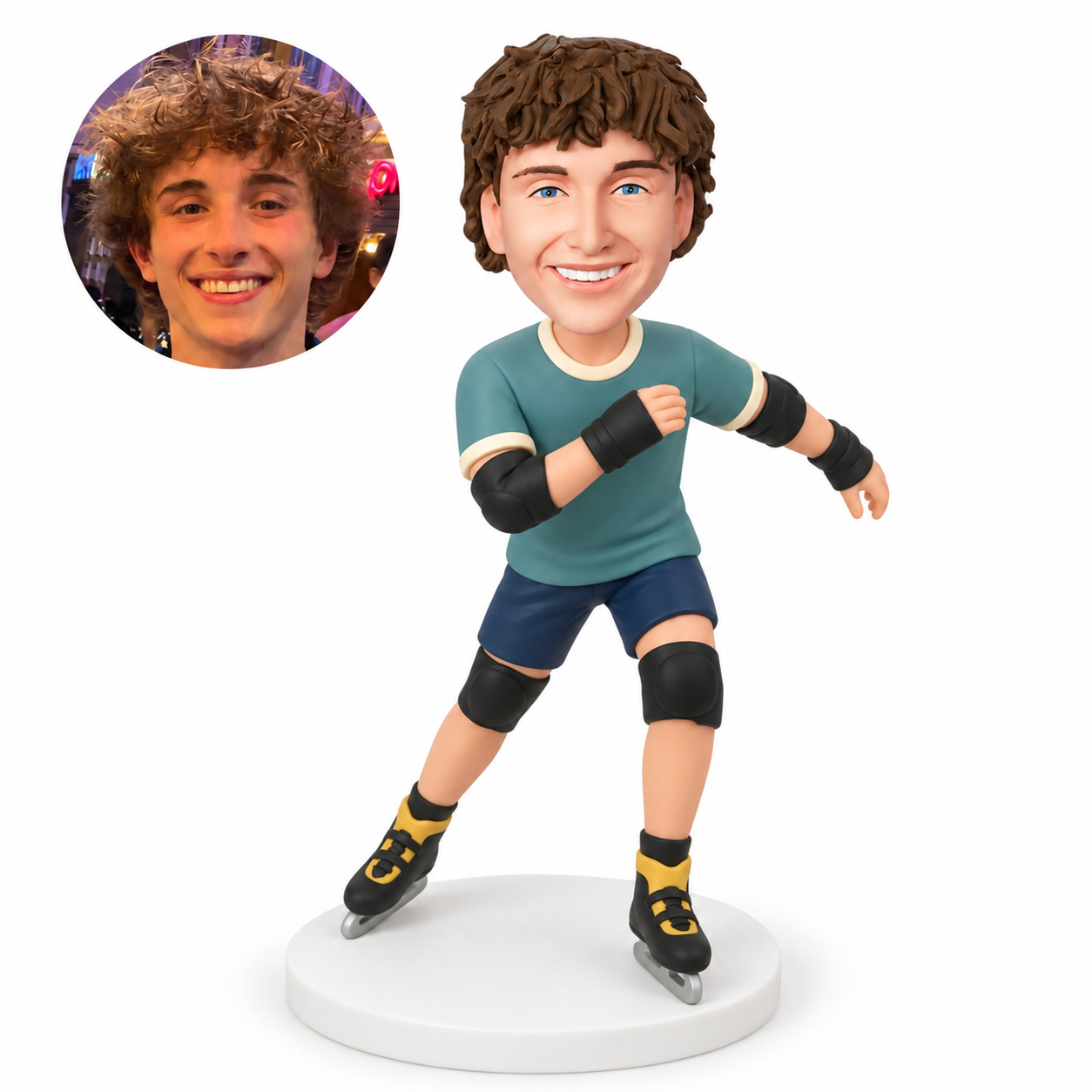 custom bobblehead figure male skater wearing protective pads with one arm across his chest and the other extended behind
