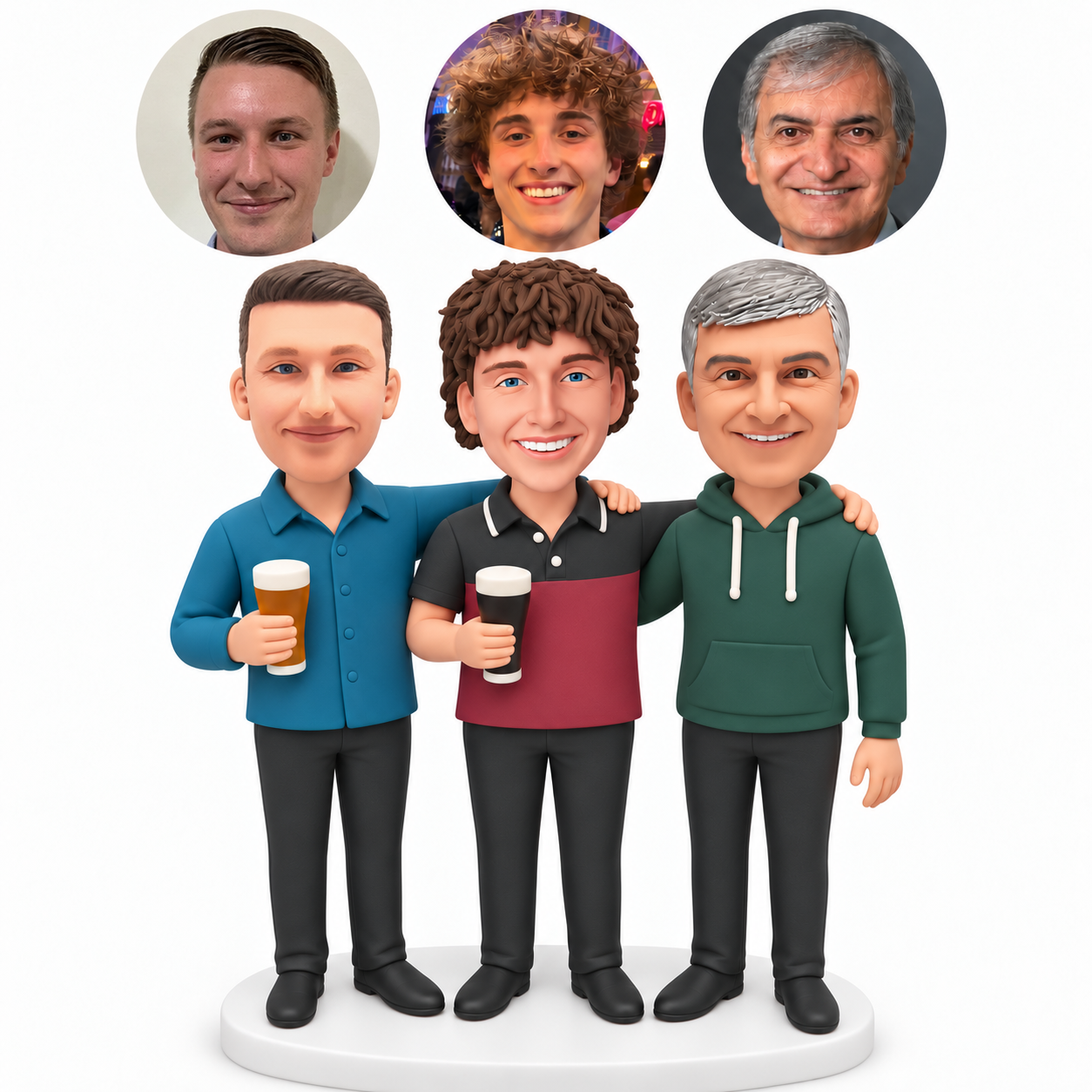 custom bobblehead figures three men standing with their arms around each other and two beer glasses