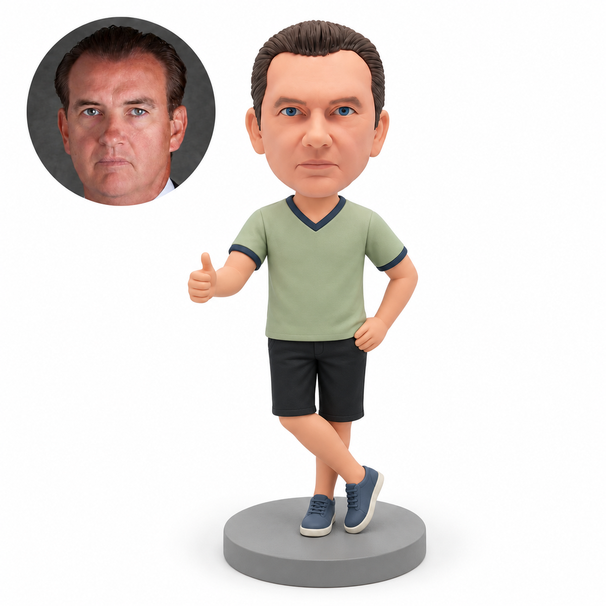 custom bobblehead figure male coach standing with crossed ankles, a low thumbs-up and his other hand on his hip