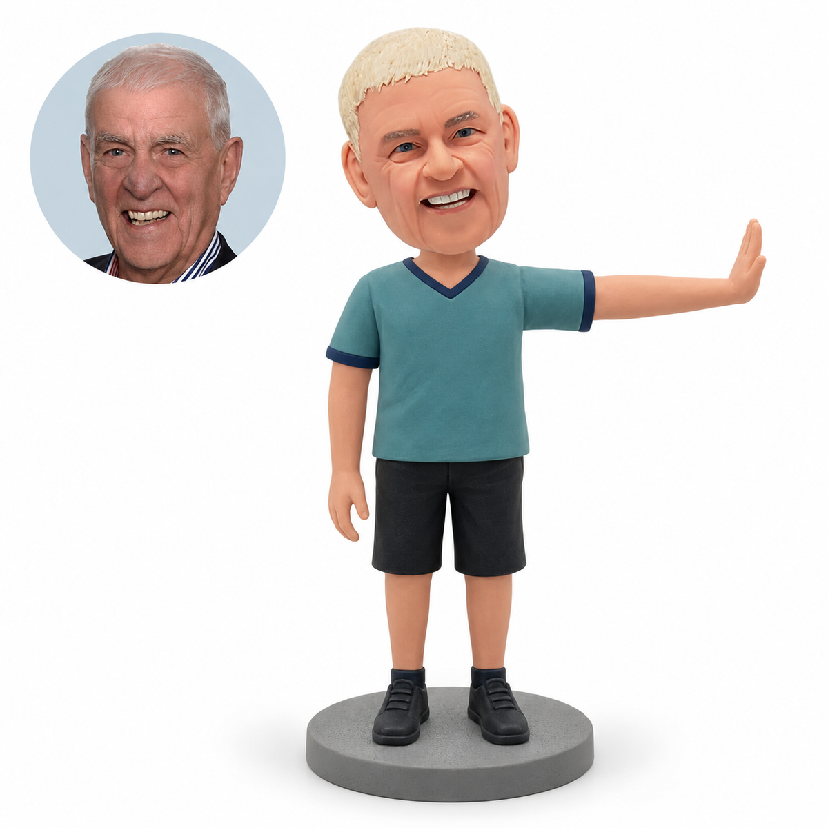 custom bobblehead figure male coach standing with one empty arm extended sideways and his other arm down