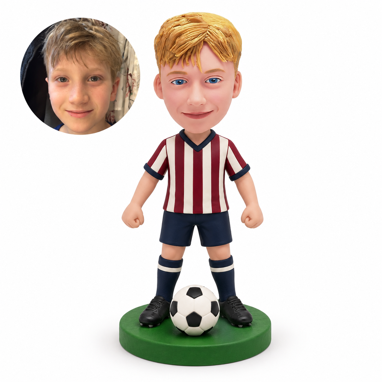 Boy soccer player with low fists and ball centered in front