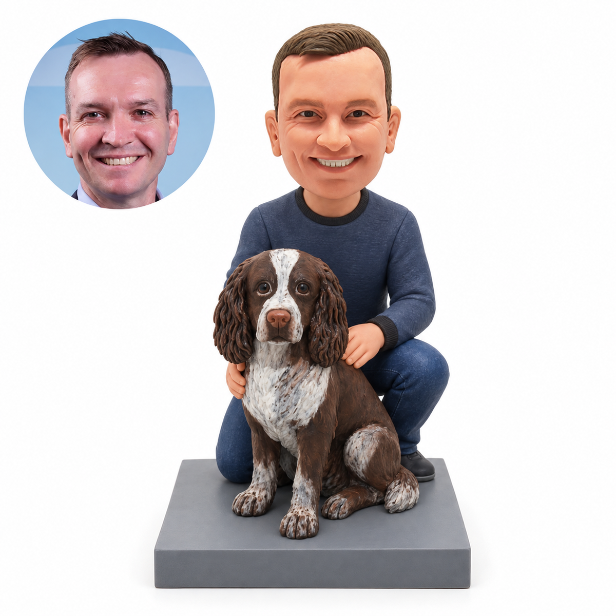 Custom bobblehead man kneeling behind a seated spaniel