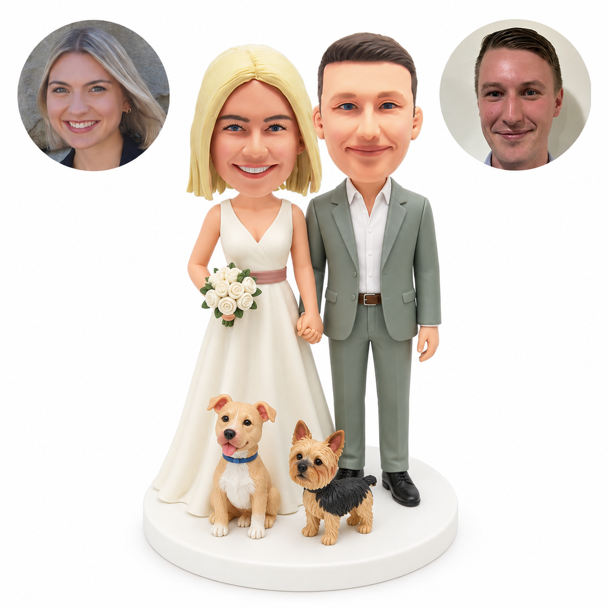 Custom wedding couple bobblehead holding hands with bouquet and two fixed dogs