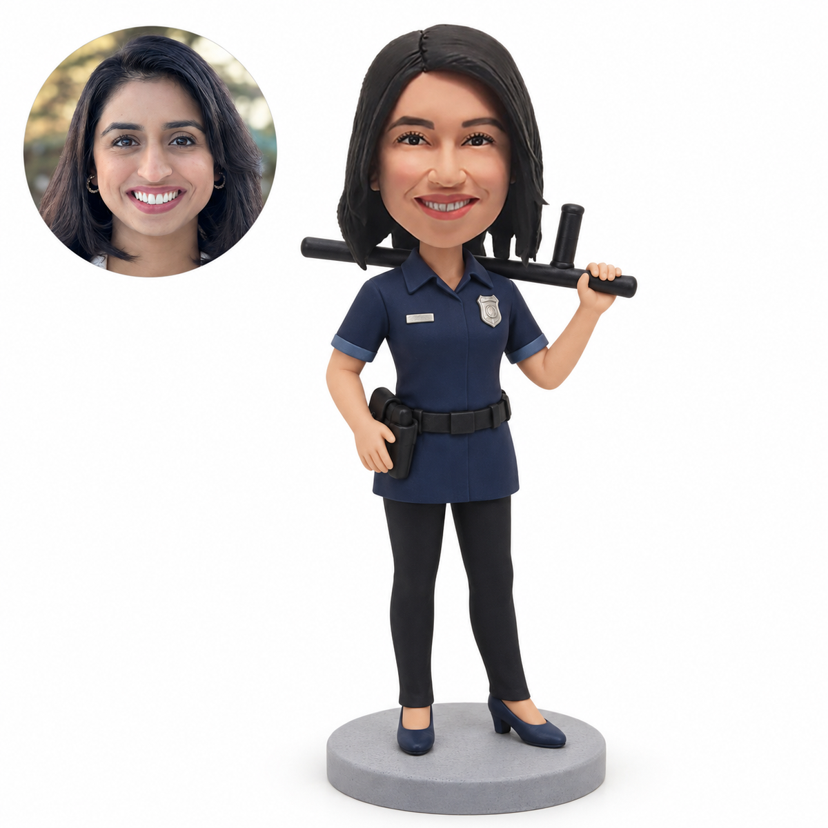custom bobblehead figure female police officer with a baton resting across her shoulders and one hand near her utility belt