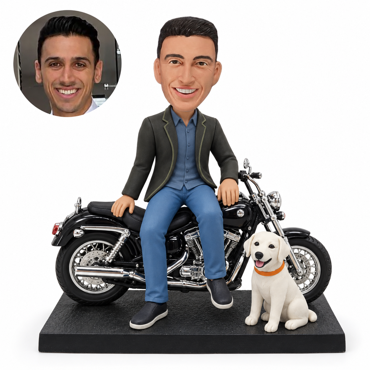 Man seated sideways on a black motorcycle beside a fixed seated white dog