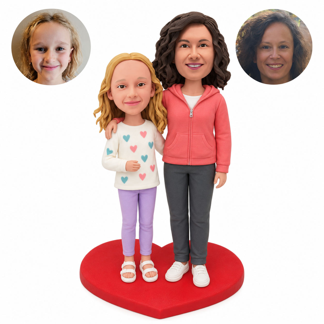 mother and daughter standing on a heart-shaped base custom bobblehead