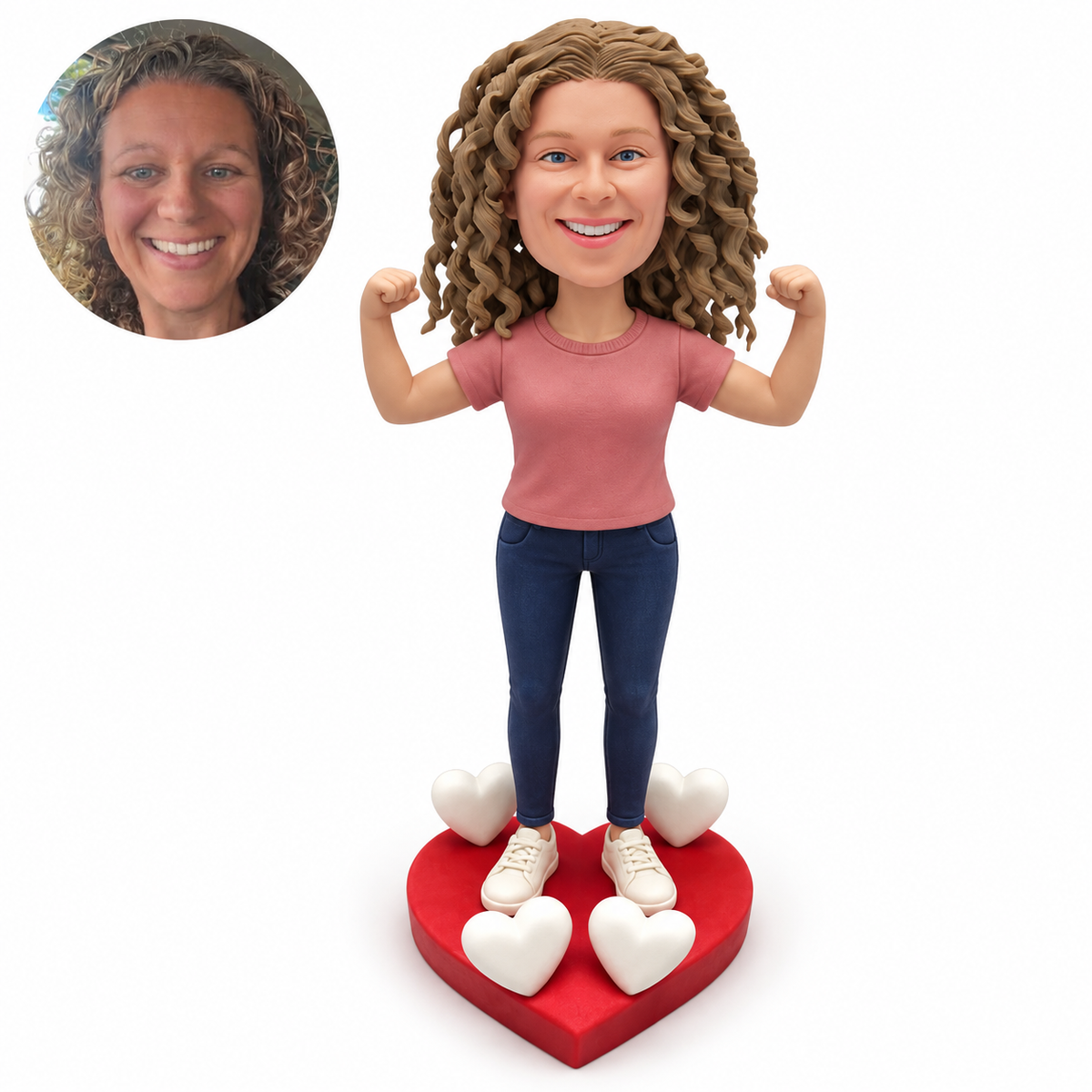 strong mom figurine flexing both arms with four hearts on a red heart base