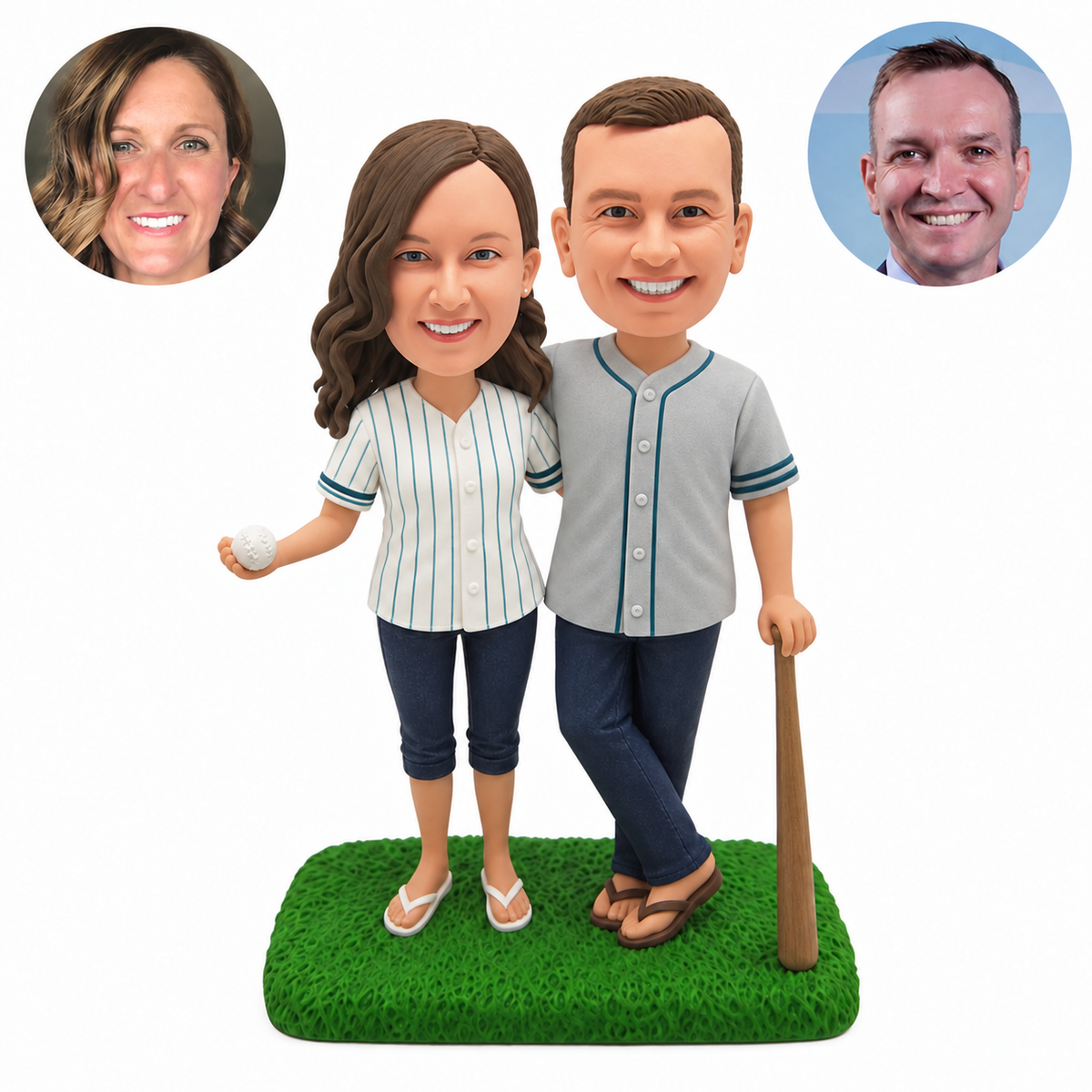 Custom baseball couple with woman holding a ball and man beside an upright bat