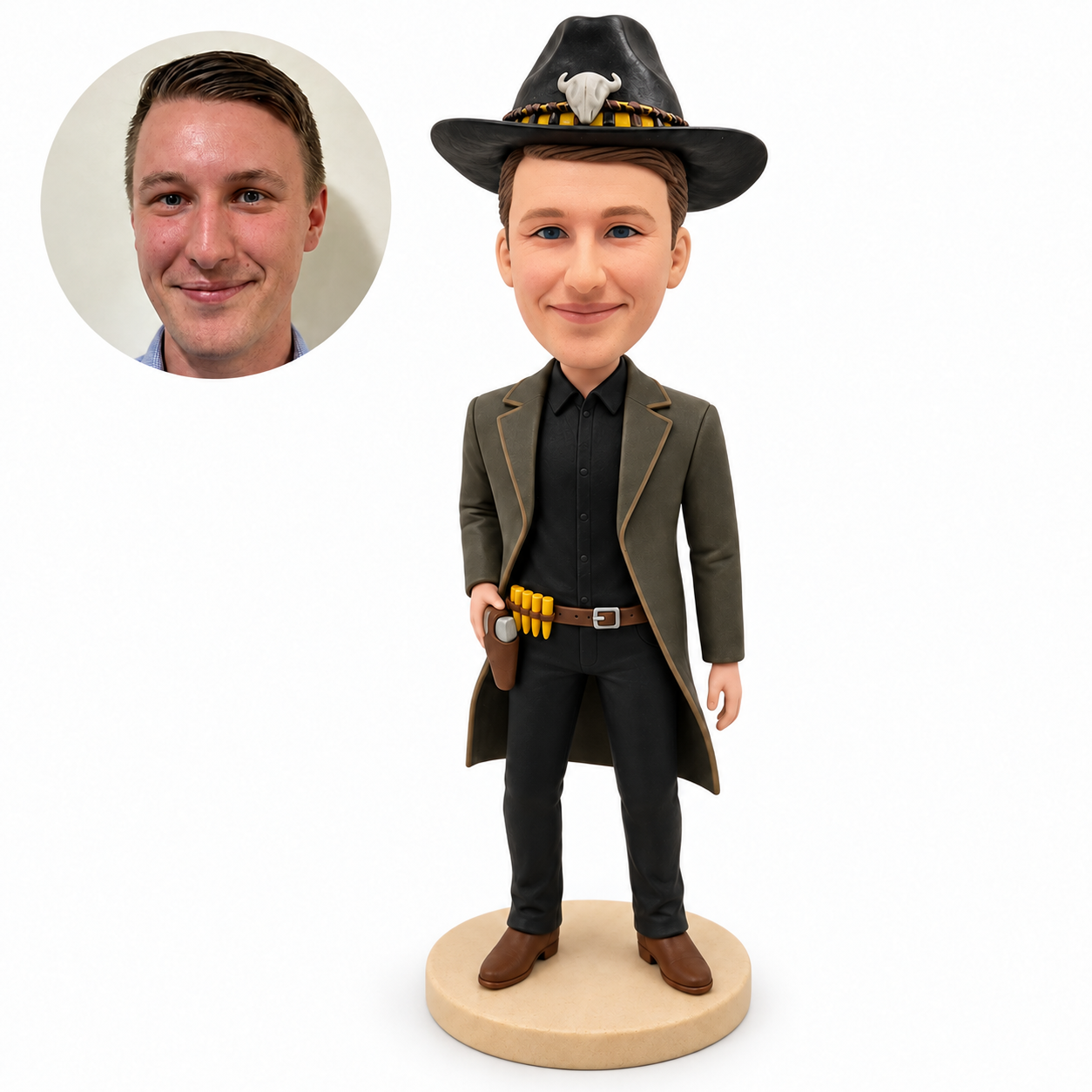 Custom cowboy bobblehead in a long duster with a hip holster and ammunition belt