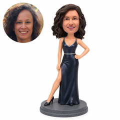 Custom woman bobblehead in a side-slit evening gown with one hand on her hip