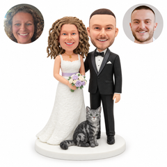 Wedding couple in formal clothes with bouquet and fixed gray tabby cat
