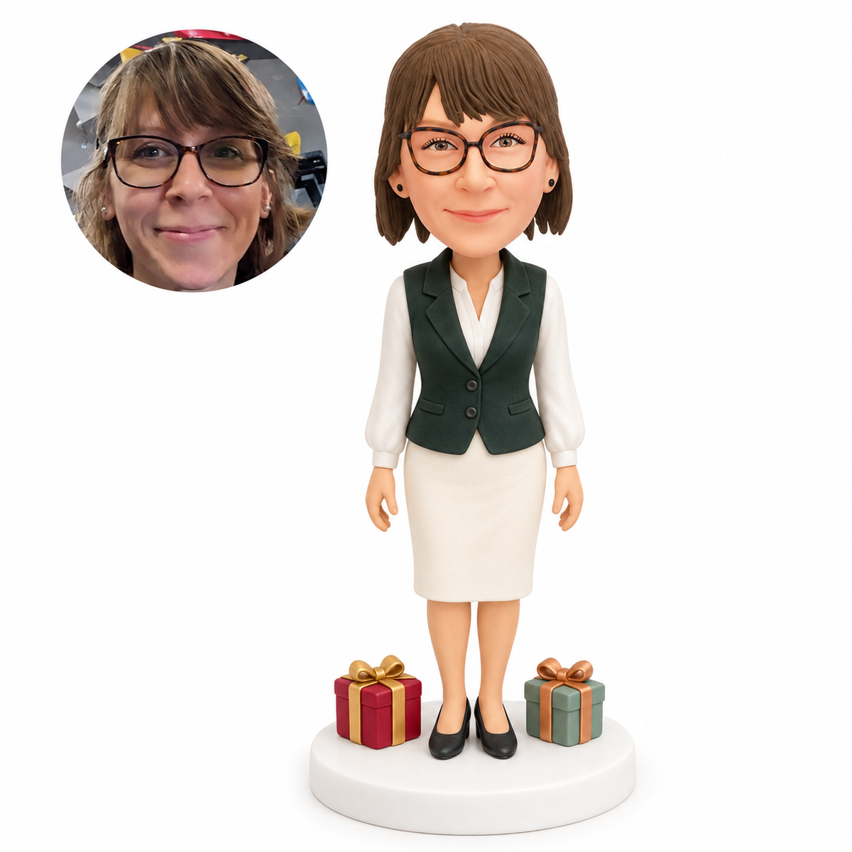 Custom clay bobblehead woman standing with arms down beside two wrapped gifts, with matching real-photo portrait