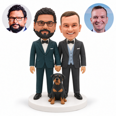 custom bobblehead figures two grooms holding hands with a seated dog