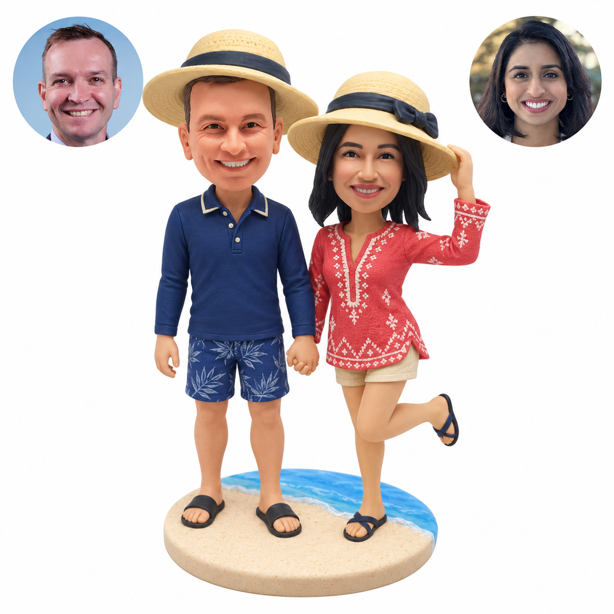 Custom beach couple clay bobbleheads holding hands: woman touches her sun hat and lifts one leg, with two matching real portrait photos