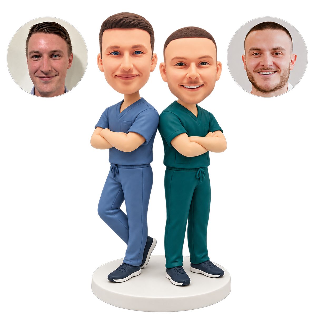 custom bobblehead figures two male nurses standing back to back with crossed arms and one bent leg