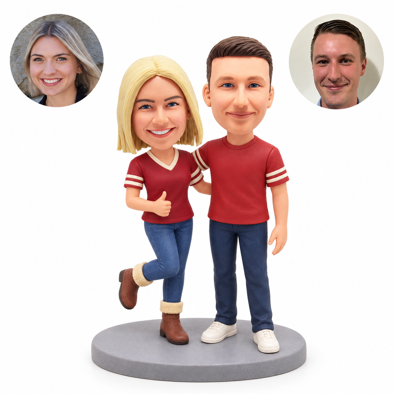 Custom clay sports-fan couple: woman giving a thumbs up with one leg lifted, man standing beside her with his arm around her shoulders, with matching real portrait examples.