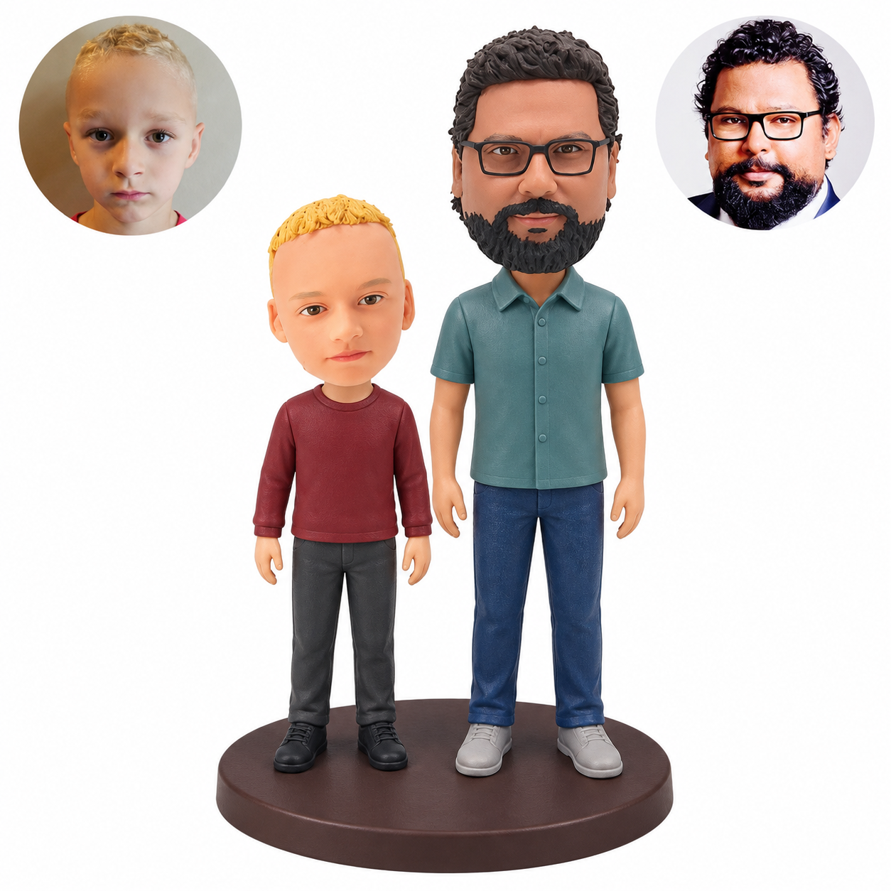 Custom clay bobbleheads of a father and young son standing side by side with both arms lowered, beside their matching real portrait photos.