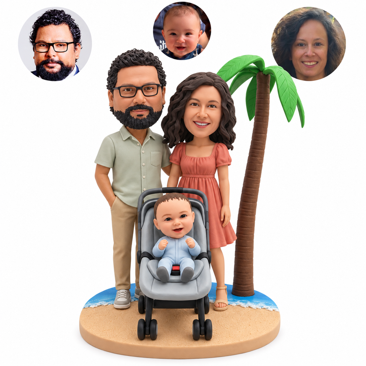 Smooth clay family bobblehead with parents, baby in a stroller and palm tree on a beach base, plus three matching real portrait photos.