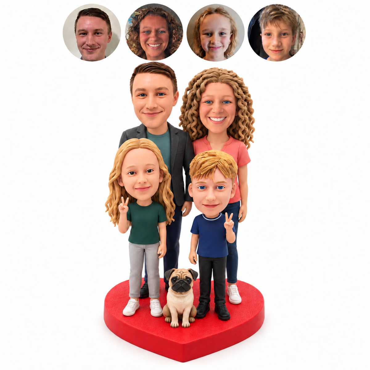 Custom clay family bobblehead with two parents, daughter and son giving peace signs, one fixed pug, red heart base, and four matching real portrait circles.