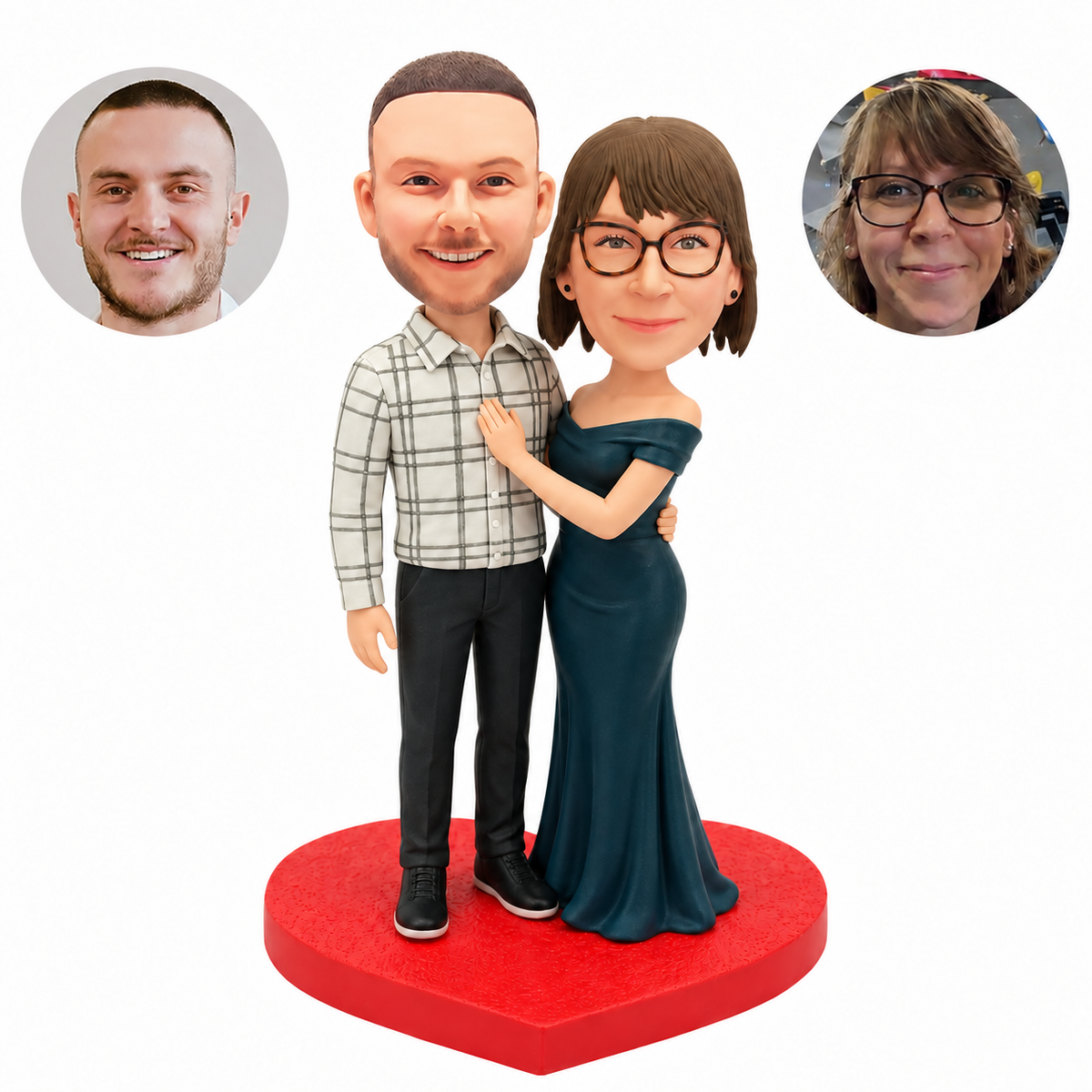 custom bobblehead figures couple with a woman's hand on his chest and a waist embrace