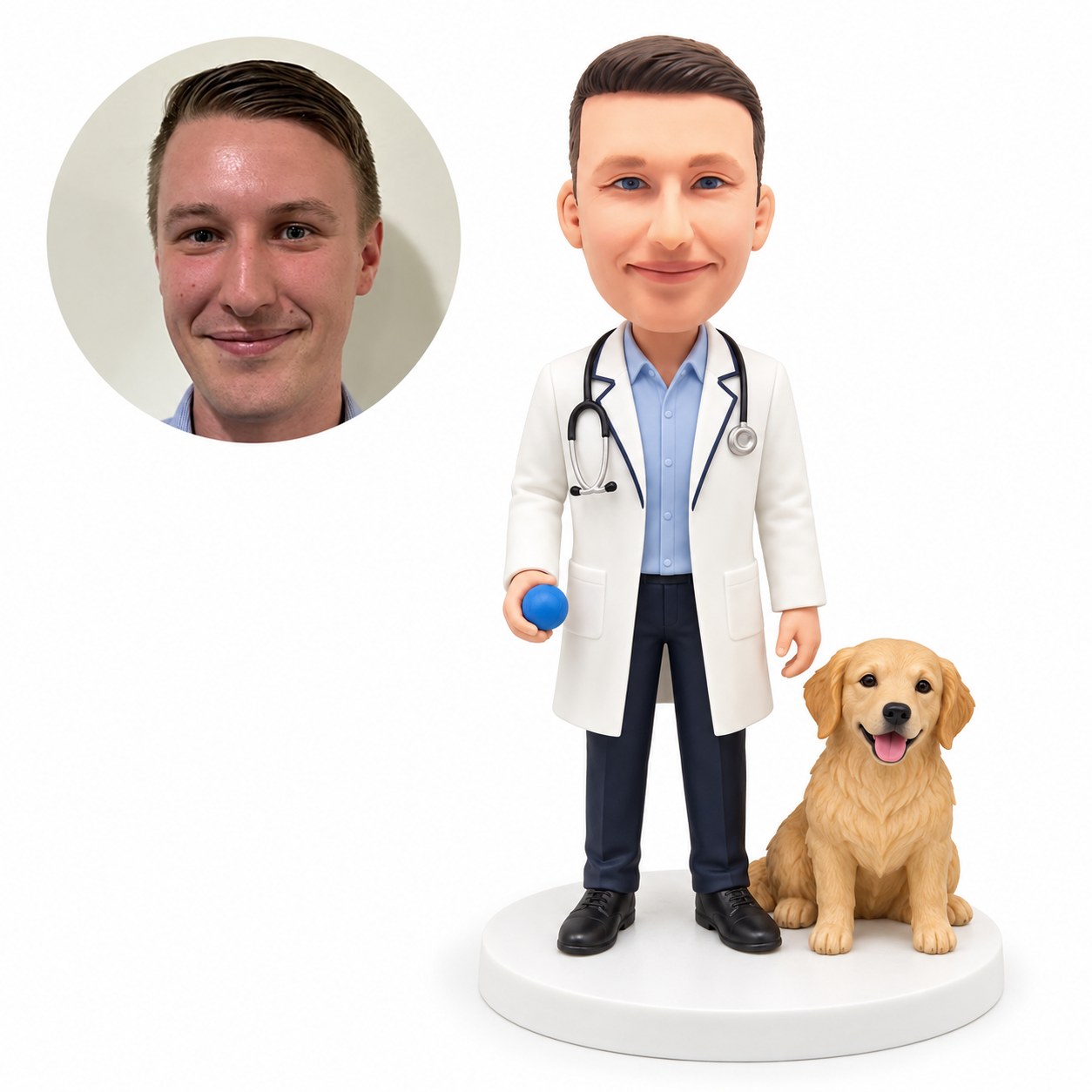 Custom male doctor bobblehead holding a blue ball beside a seated golden retriever, with matching reference portrait.