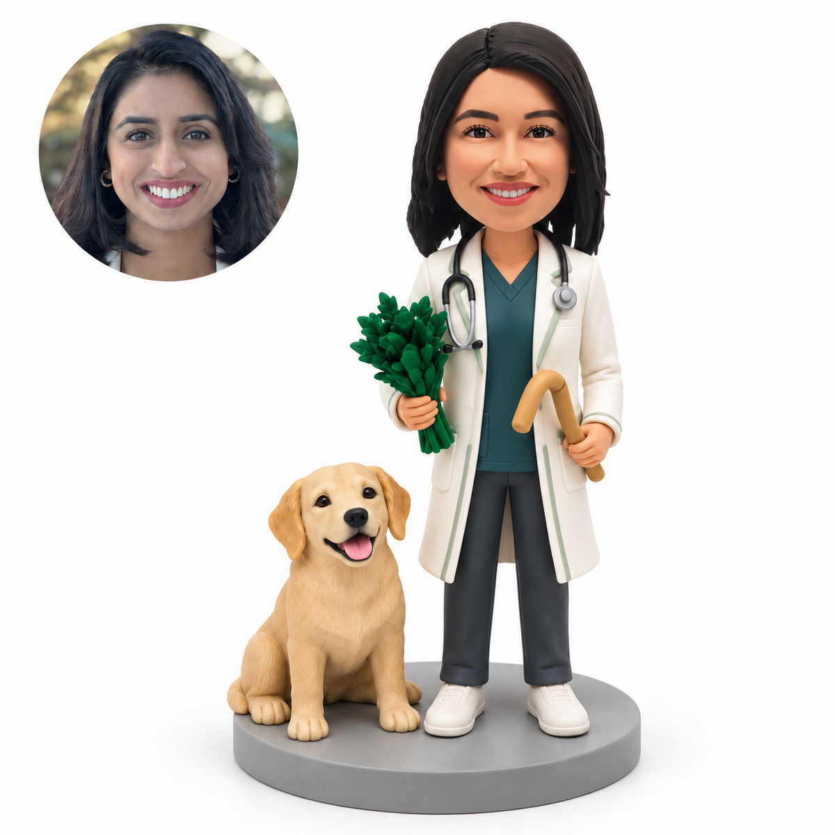 Custom female doctor bobblehead holding greenery and a curved tan accessory beside a seated golden retriever, with matching reference portrait.