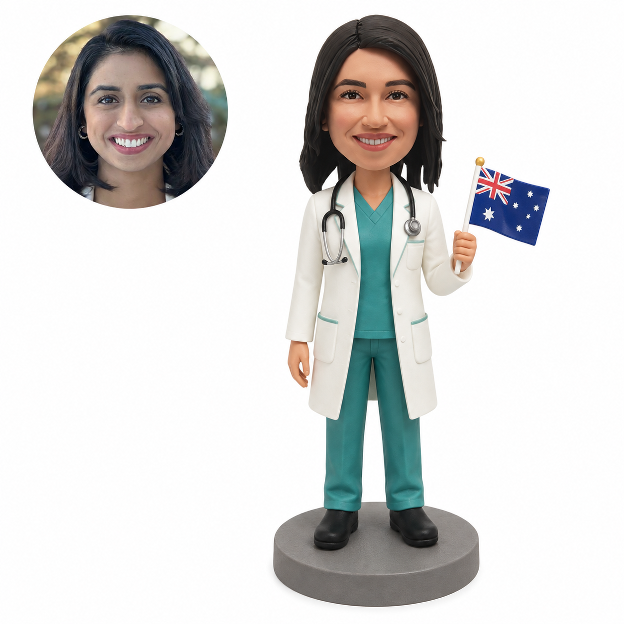 Custom female doctor bobblehead in a lab coat holding a small Australian flag, with a matching round portrait reference.