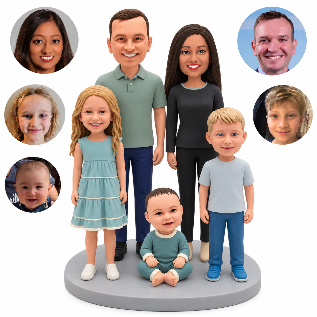 Five-person custom clay family: father and mother stand behind a daughter, a seated toddler and a son, with matching real portrait circles.