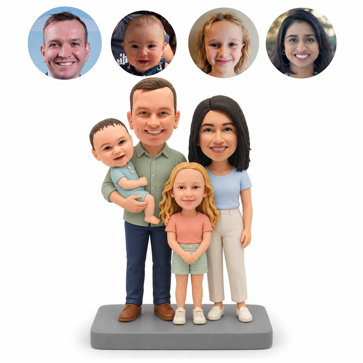 Four-person custom clay bobblehead: father holding a baby beside mother and young daughter, with four matching real-photo portrait circles and one gray base
